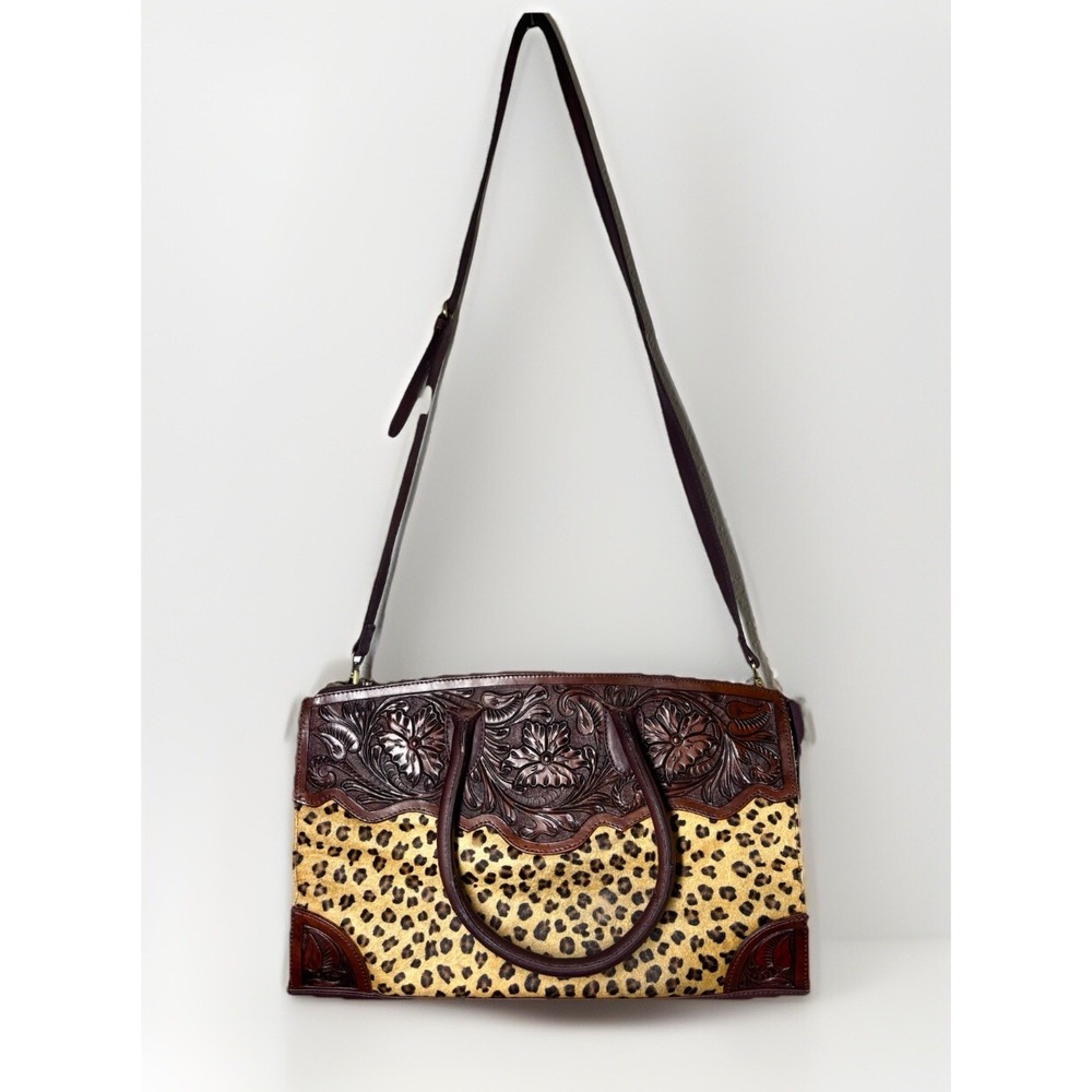 AD American Darling Duffel Satchel Leopard Calfskin Leather Bag Hand Tooled EUC